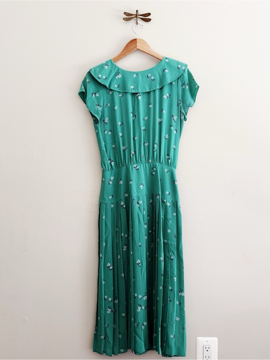 Vintage Dresses & Skirts - Vintage Silk Teal Floral Midi Pleated Dress with Peter Pan Collar